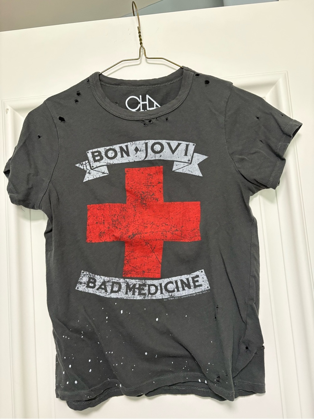 'Bad Medicine' Distressed Graphic Tee - Charcoal with Red Cross